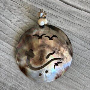 Mother of Pearl Pendant, Large Pendant With Cut Out Design, Wave and Birds